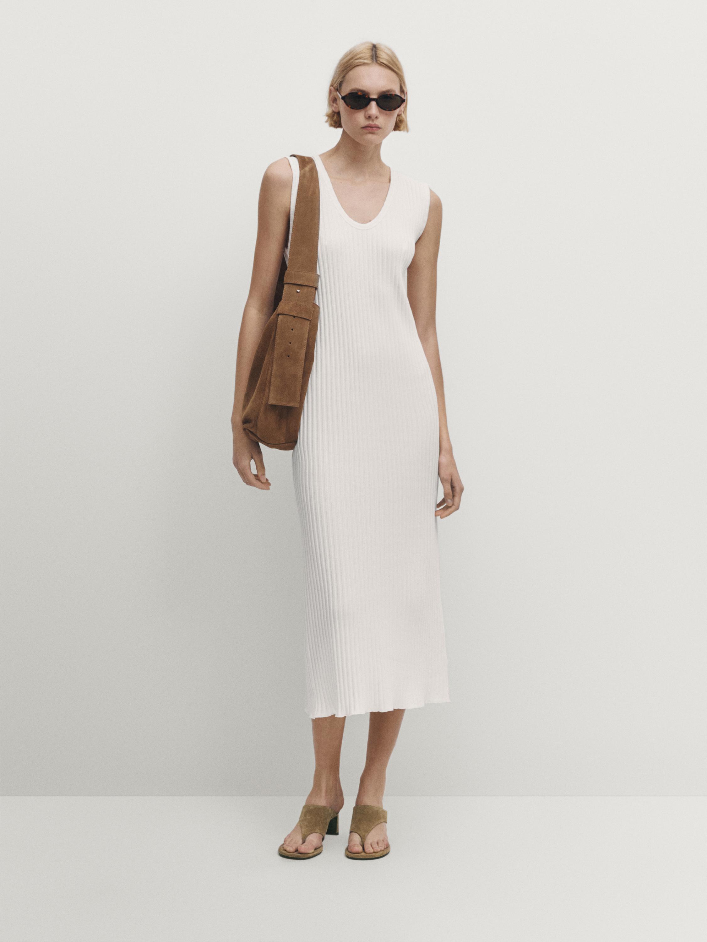 Ribbed midi dress with neckline - Oyster-white | ZARA United States