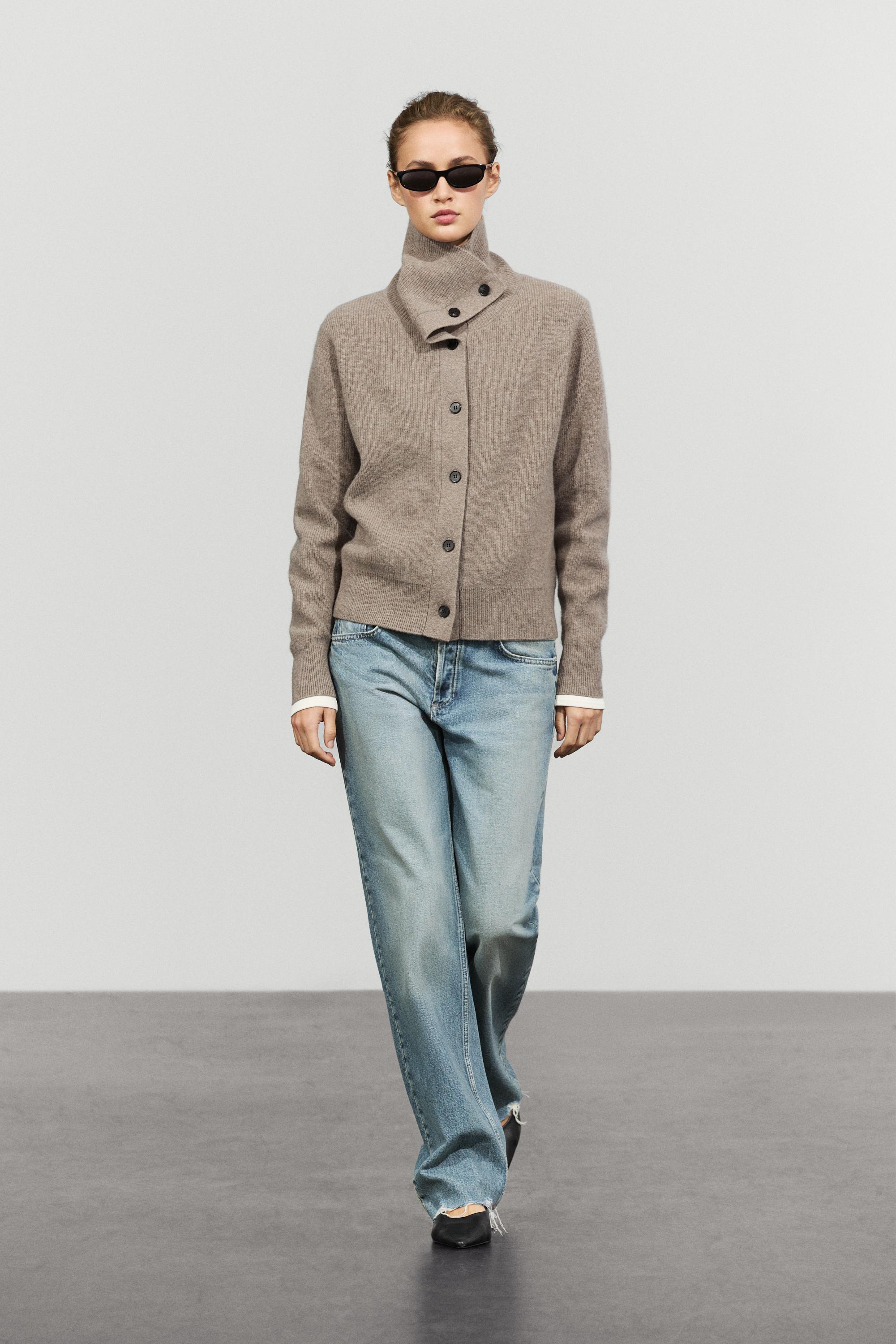 Purl knit cardigan with funnel neck