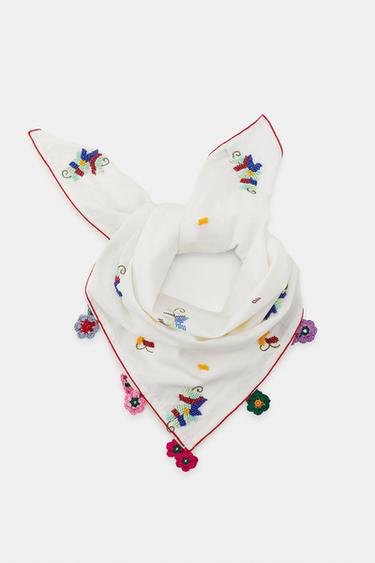 Zara CROCHET BEADED FLORAL SCARF - Ecru