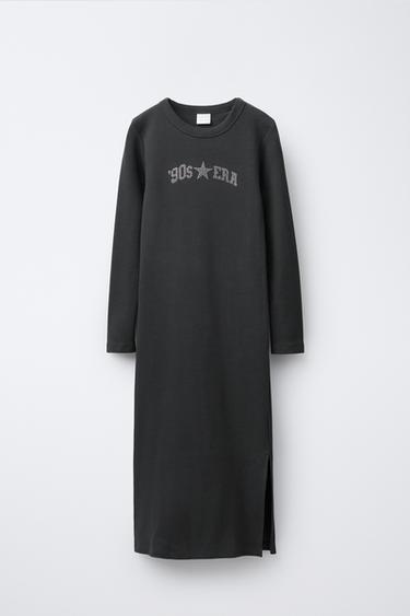 Zara LONG RIBBED DRESS WITH RHINESTONE TEXT - Anthracite grey - Image 0