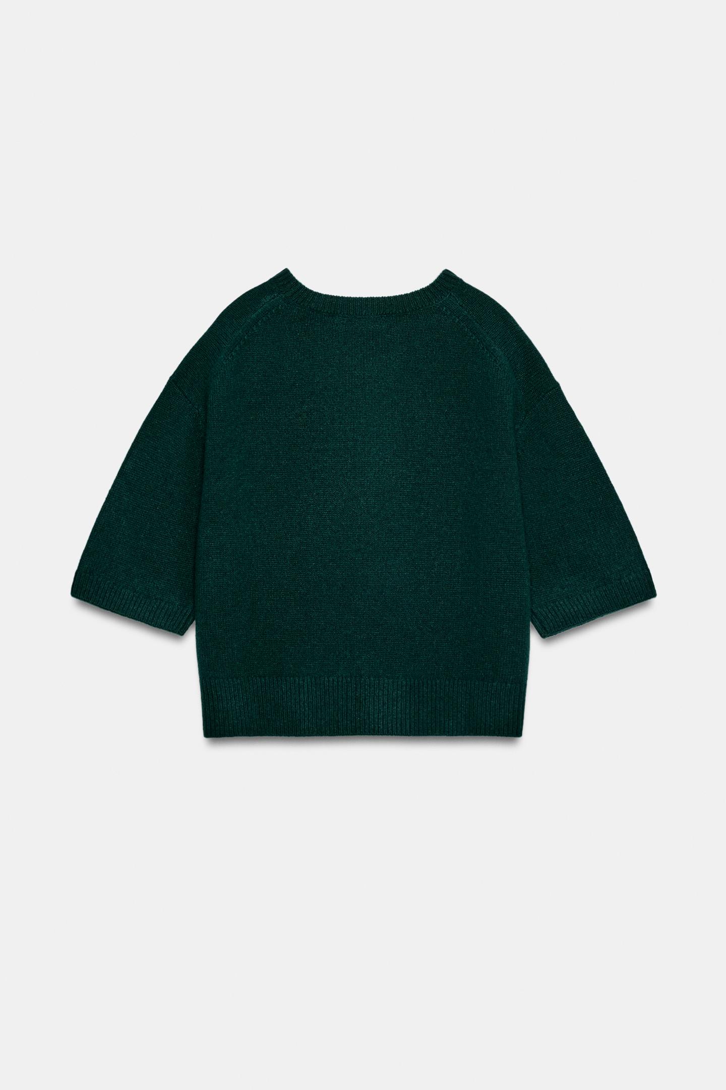 Женский свитер Zara 100% Wool Short-Sleeve Volume Jumper, цвет: Тёмный зелёный — фото 6