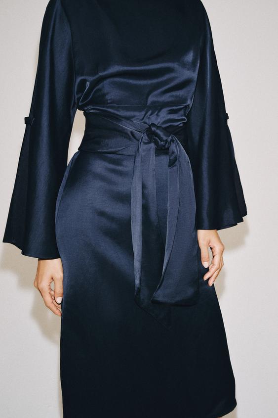 zara linen belted dress Zara LINEN BELTED MIDI DRESS