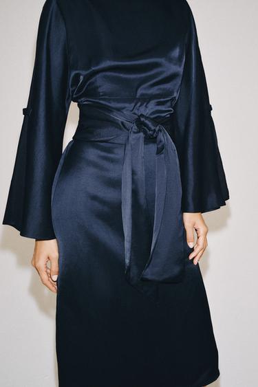 ROBE MIDI CEINTURE AVEC LIN ZW COLLECTION - Bleu de Zara - Image 3