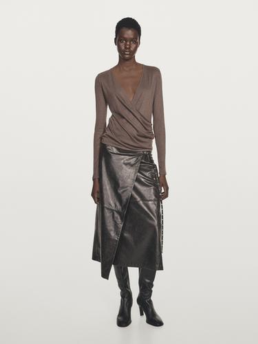 Zara Lyocell and wool top with surplice neckline - Mid-ecru