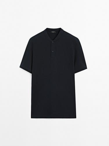 Zara Ribbed polo shirt with stand collar - Navy blue