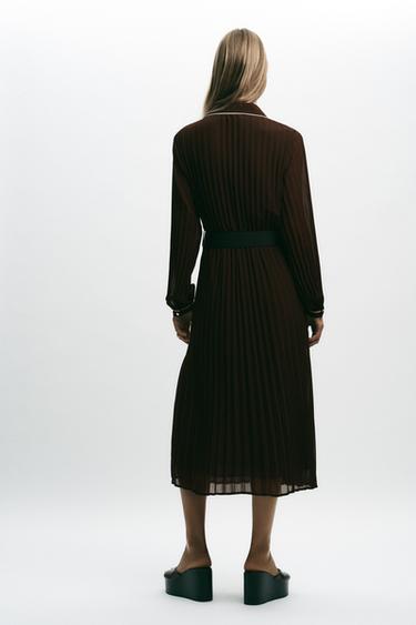 ROBE MIDI PLISSÉE CEINTURE - Marron de Zara - Image 5