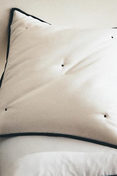 SATEEN CUSHION COVER FOR QUILTS WITH QUILTED POLKA DOTS - Ecru / Black by Zara