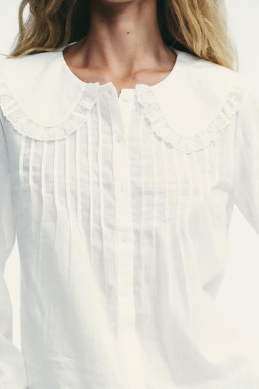 Zara EMBROIDERED PETER PAN COLLAR SHIRT - Oyster-white