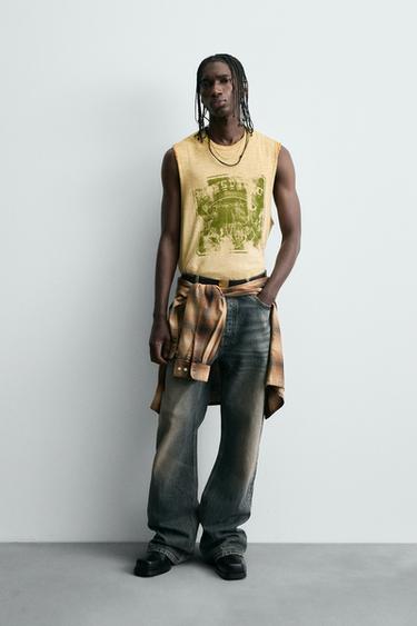 Zara 水洗印花針織挖背背心 - 黃色