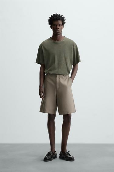 Zara LINEN - COTTON T-SHIRT - Khaki