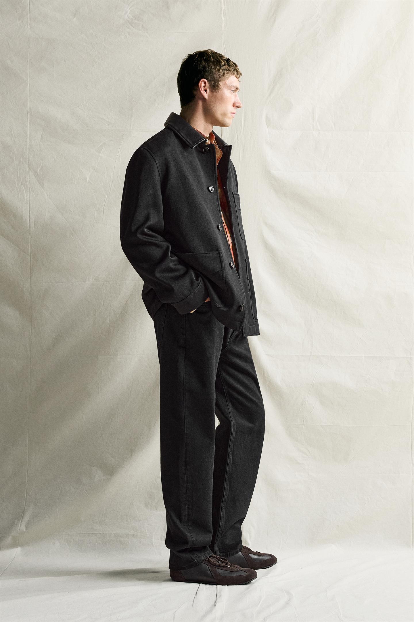 Мужская куртка Zara Wool Blend Jacket with Leather Collar, цвет: Чёрный — фото 4