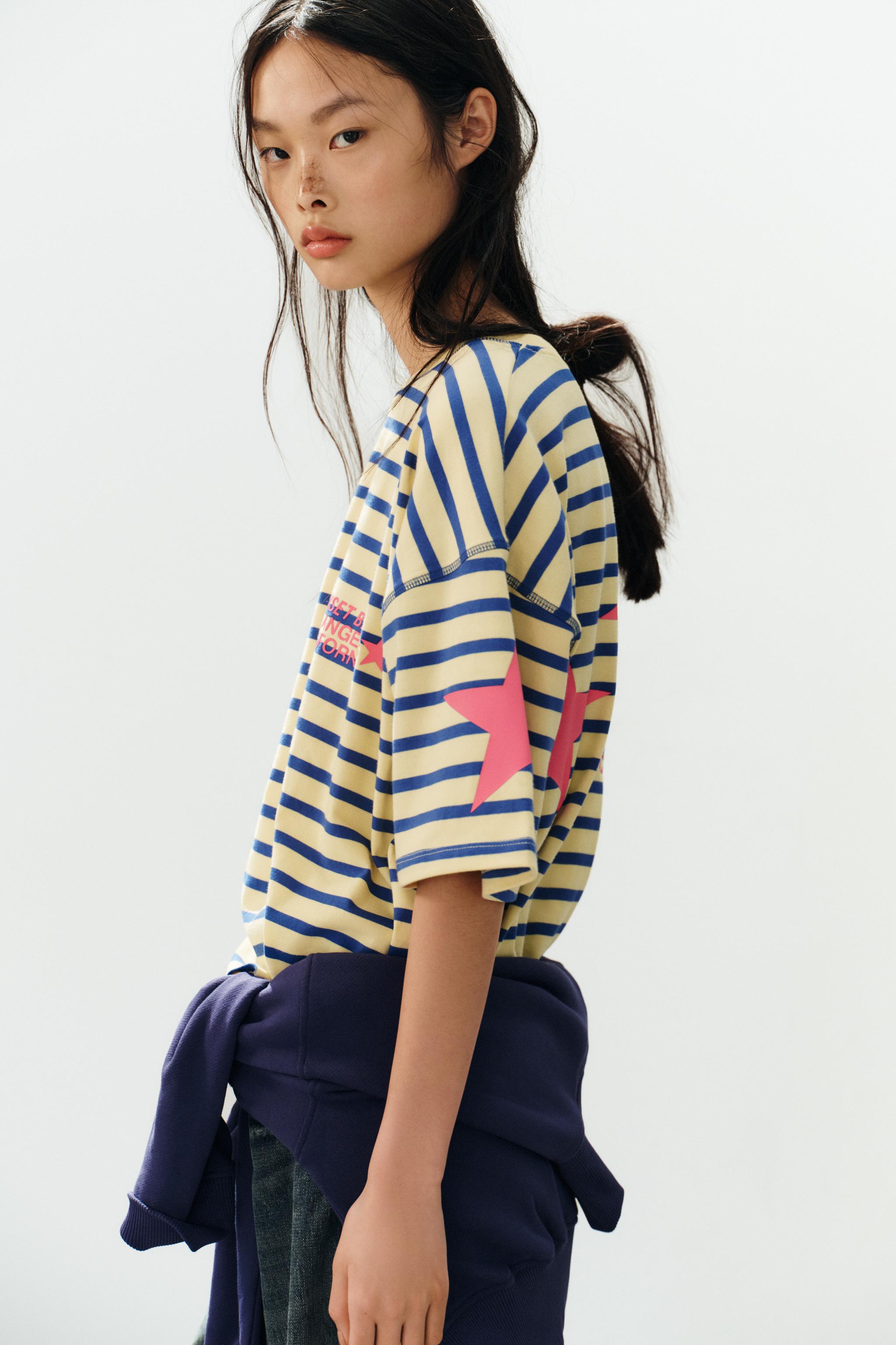 Zara ÇİZGİLİ VE YAZILI OVERSIZE T-SHIRT görsel 5