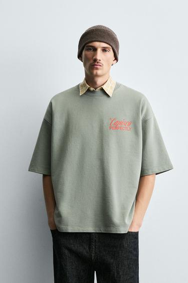 SUDADERA LAVADA TEXTOS ESTAMPADOS - verde lavado de Zara