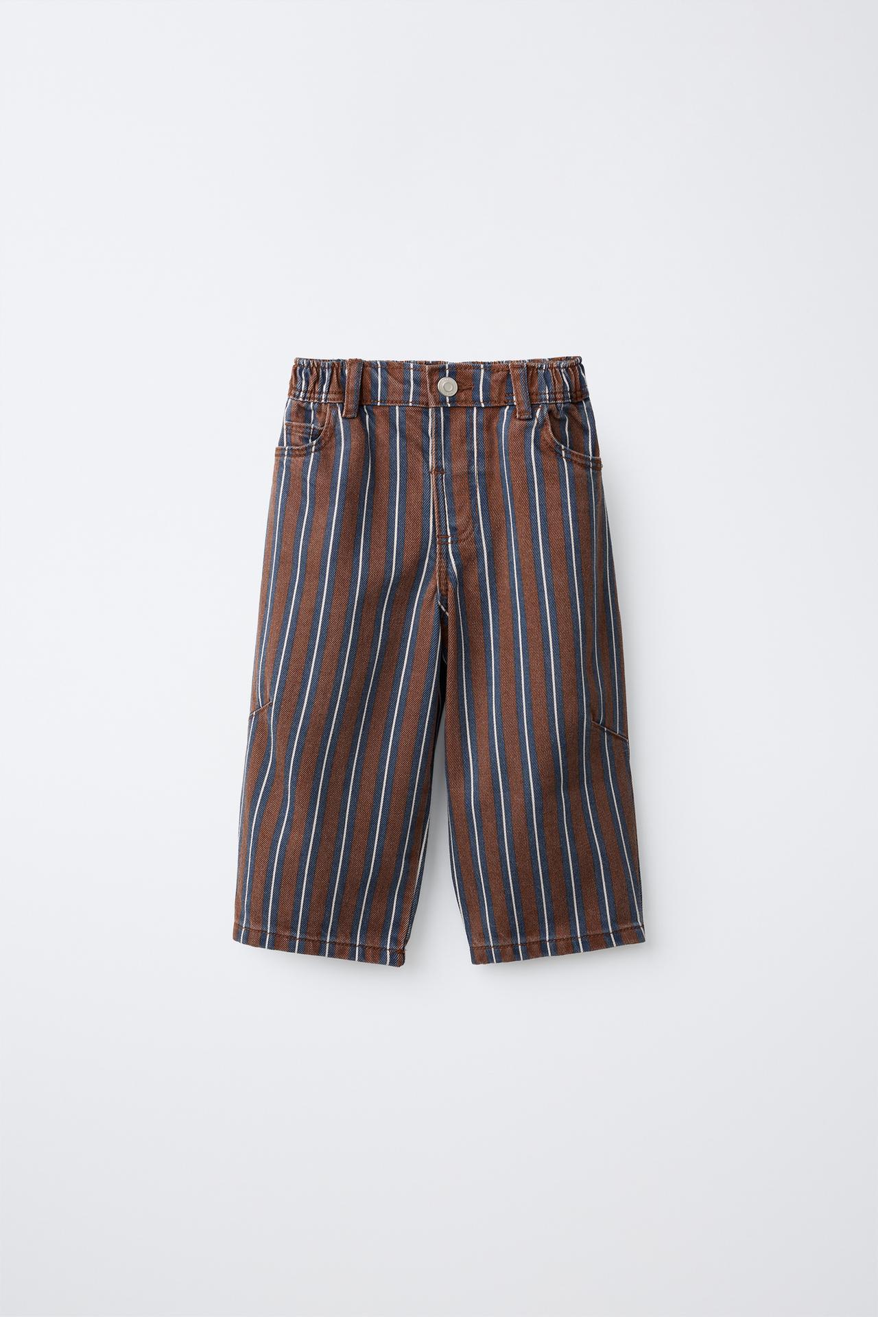 STRIPED TWILL BARREL PANTS — Brown-Blue