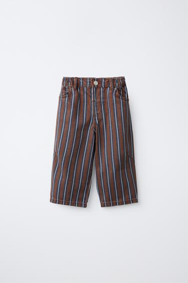 STRIPED TWILL BARREL PANTS — Brown-Blue 2