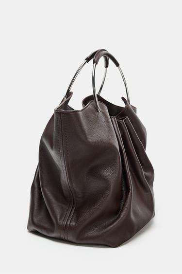 RIGID STRAP LEATHER BUCKET BAG - Brown by Zara