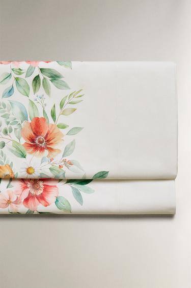 FLORAL PRINT COTTON FLAT SHEET - Oyster-white by Zara - Image 0