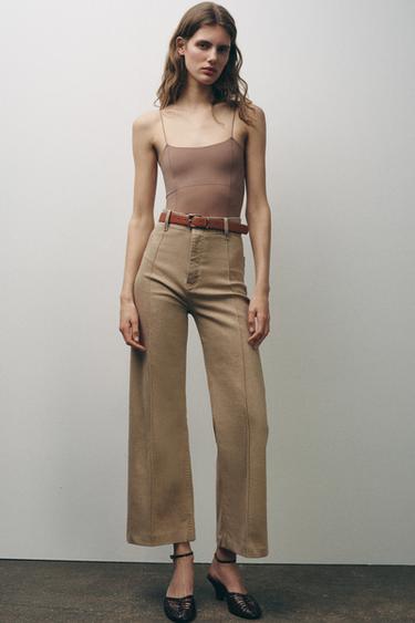 Zara ZW COLLECTION HIGH WAIST WIDE LEG JEANS - SAND/BROWN