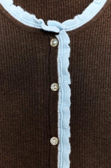 SHORT SLEEVE CONTRAST KNIT CARDIGAN - Brown by Zara - Image 6