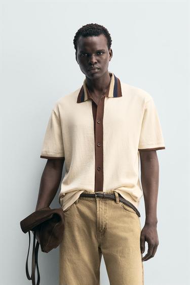 Zara CONTRAST KNIT SHIRT - Ecru