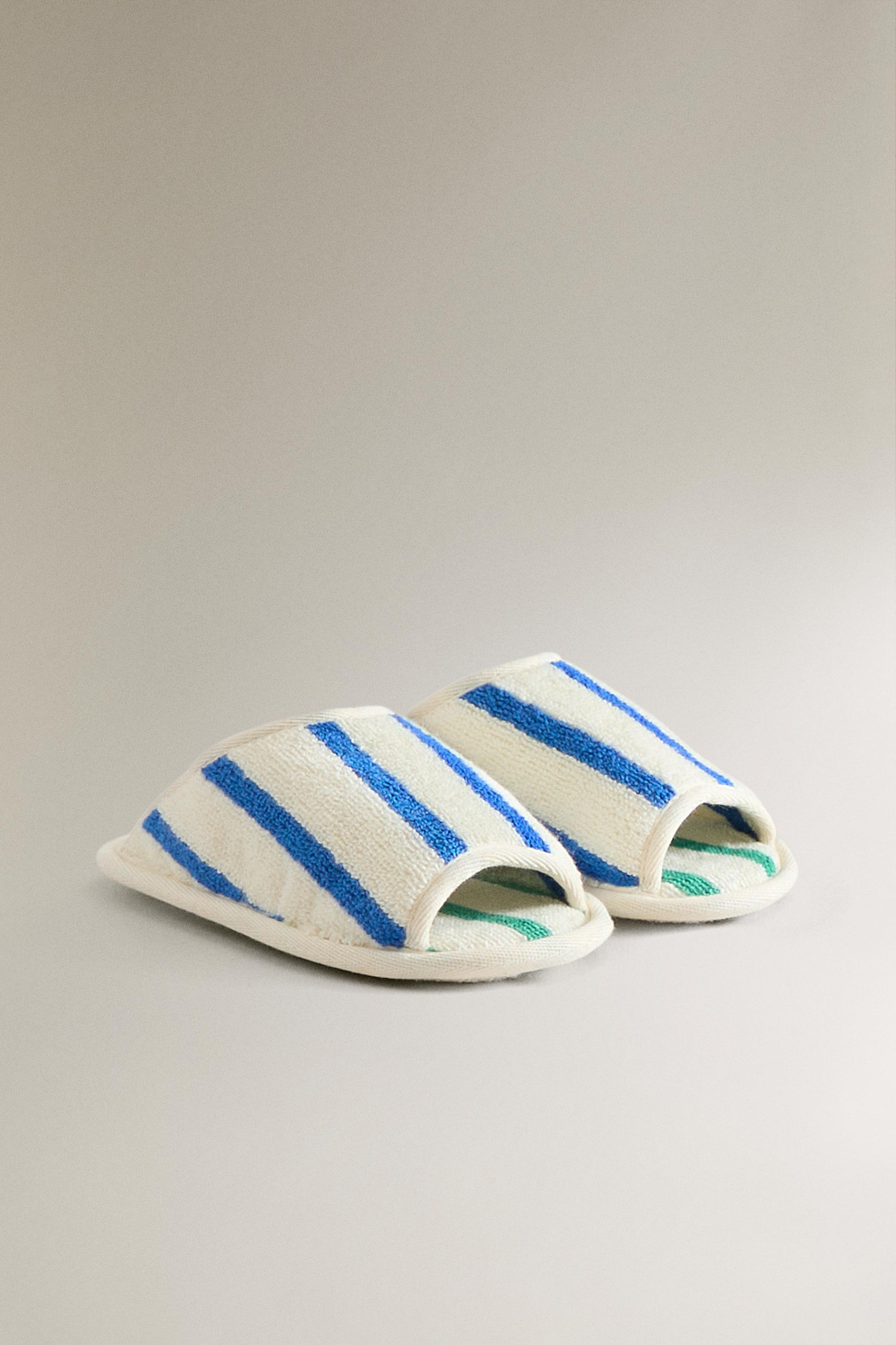 KIDS' STRIPED TERRY BATH SLIPPERS — Blue