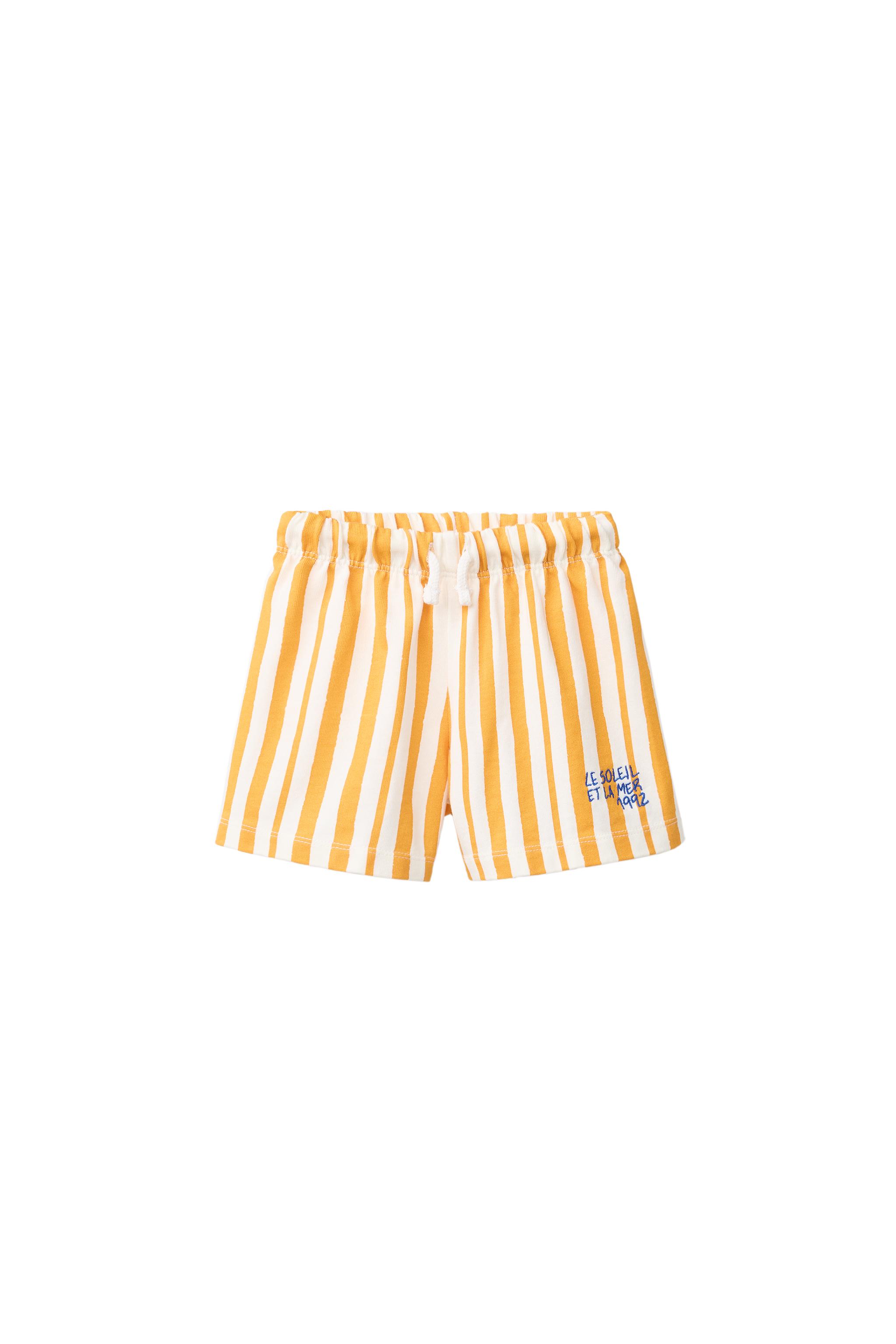 EMBROIDERED TEXT STRIPED SHORTS — Ocher