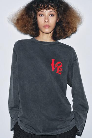 Zara WASHED LONG SLEEVE T-SHIRT - Anthracite grey