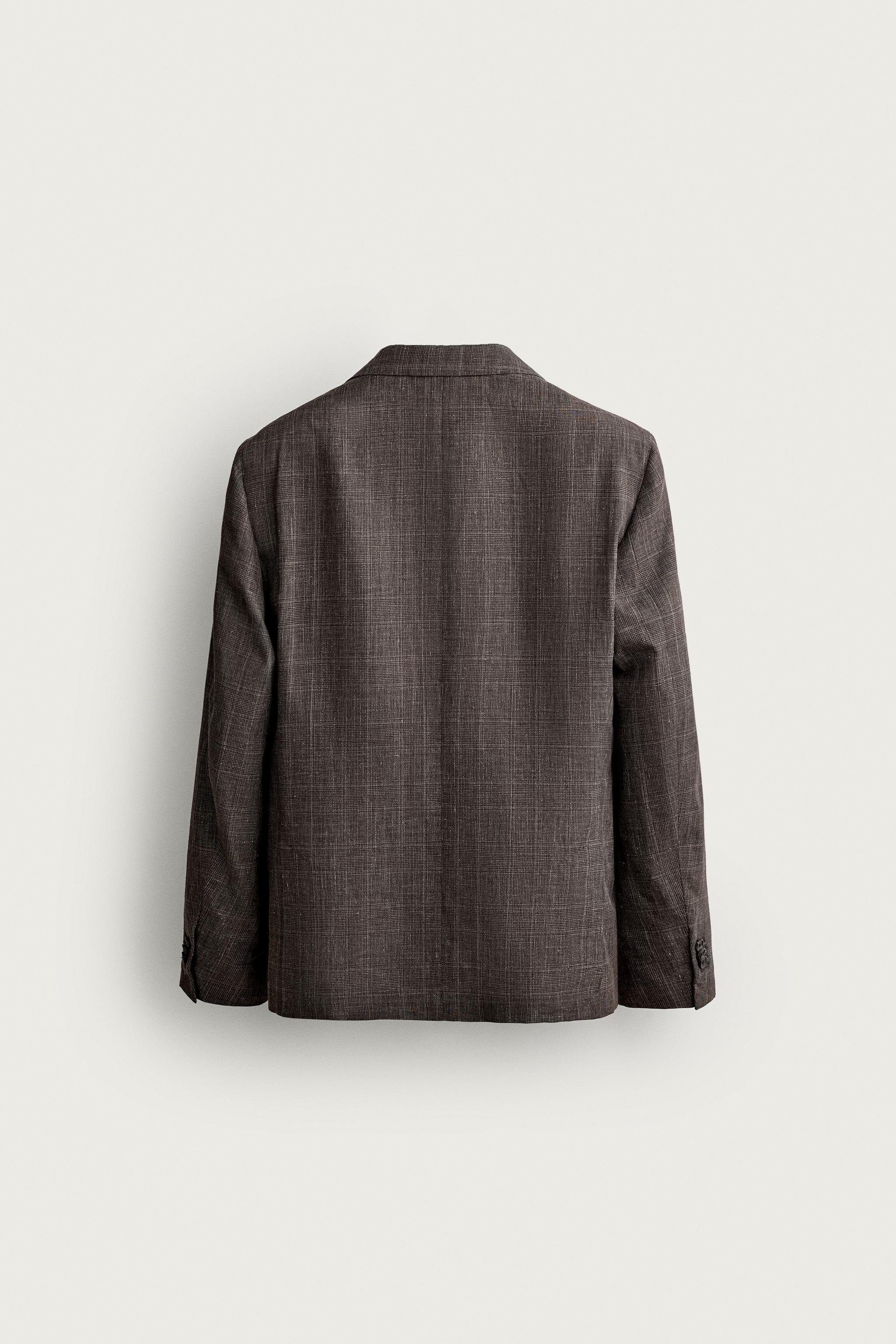 リネン＆ウール チェック柄スーツブレザー - ブラウン | ZARA Japan / 日本