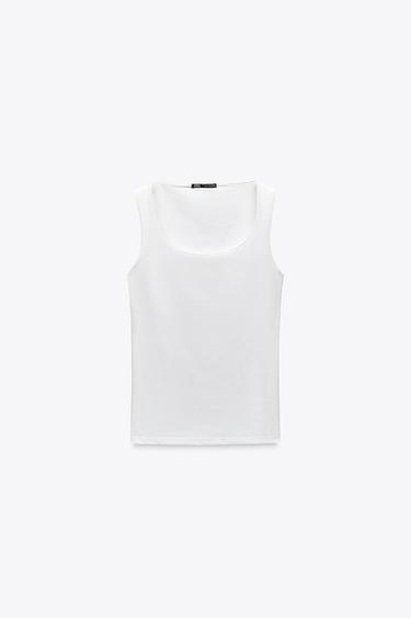 T-SHIRT VAN POLYAMIDE MET BREDE SCHOUDERBANDJES - Ecru van Zara