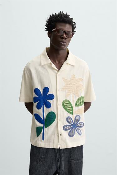 Zara CONTRASTING PATCH SHIRT - Oyster-white