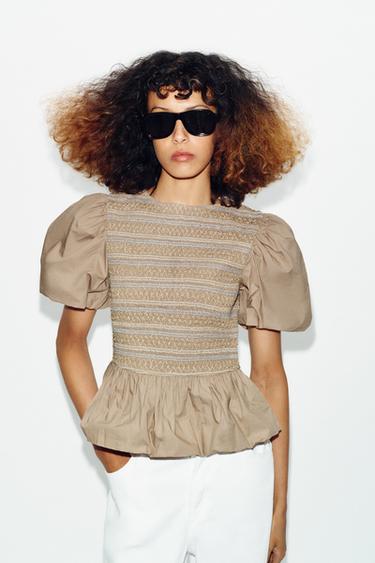 TOP TYPU BOMBKA Z HAFTEM I ZDOBIENIEM TYPU PLASTER MIODU - Ciemnobeżowy Zara