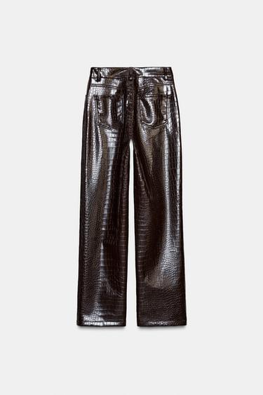 PANTALON DROIT MATIÈRE SYNTHÈTIQUE IMPRIMÉ ANIMALIER - Marron de Zara - Image 4