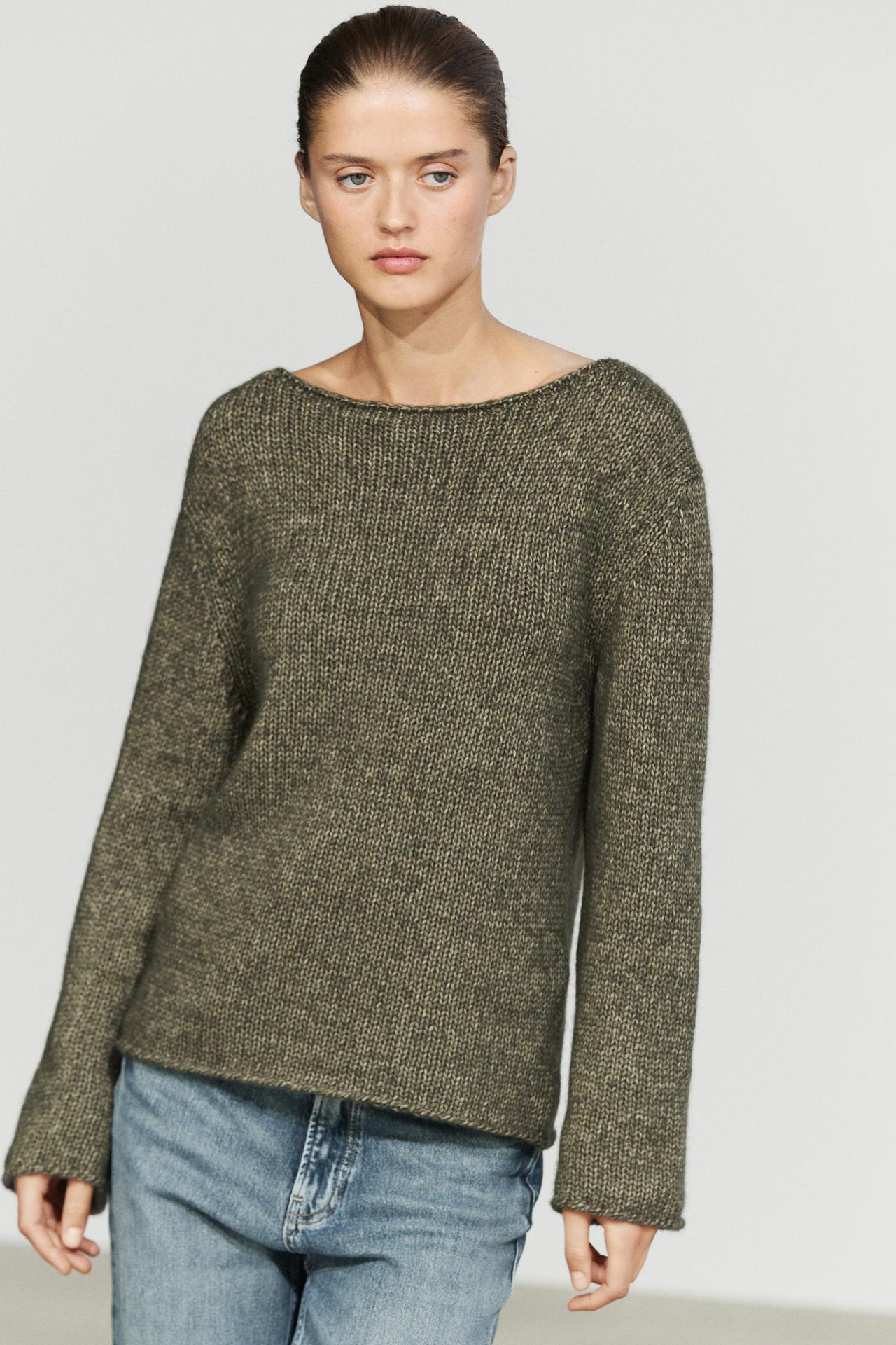 Wool-blend boat neck knit sweater — Hunter green