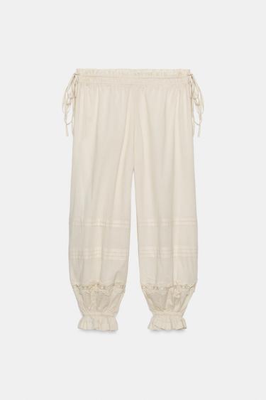 PANTALON BOUFFANT PLISSÉ ET DENTELLE - Ivoire de Zara - Image 3