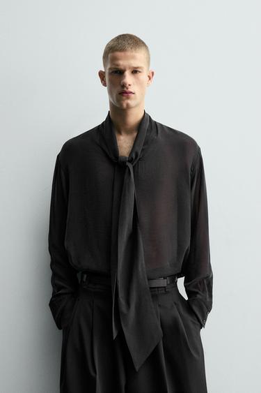 SEMI-SHEER SHIRT WITH BOW - Black by Zara