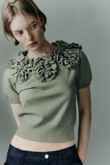 JERSEY MANGA CORTA PUNTO FLORES - Musgo de Zara