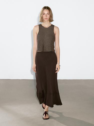 Jupe midi effet lingerie avec couture - Chocolat de Zara - Image 0