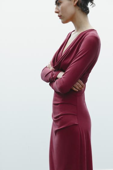 DRAPED NECKLINE MIDI DRESS - Red by Zara - Image 3