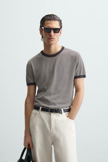 Zara STRIPED KNIT T-SHIRT - Brown / Taupe