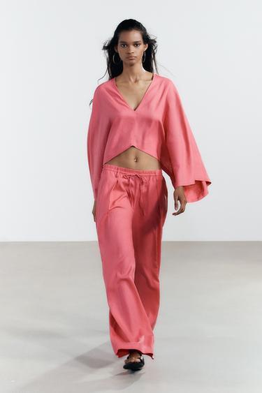 ASYMMETRIC LINEN BLEND CAPE KIMONO - Bubble gum by Zara - Image 0