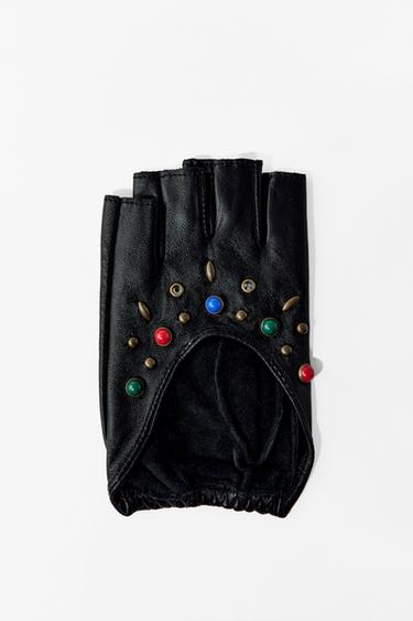 Zara SHORT LEATHER MITTENS WITH STUDS AND STONES - Black