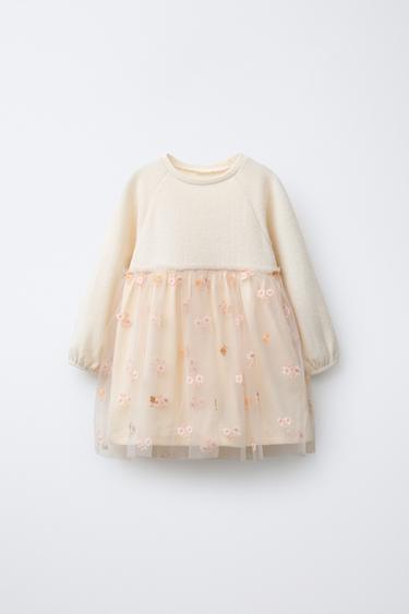 소프트 콤비 튤 플라워 원피스 - Zara 크림