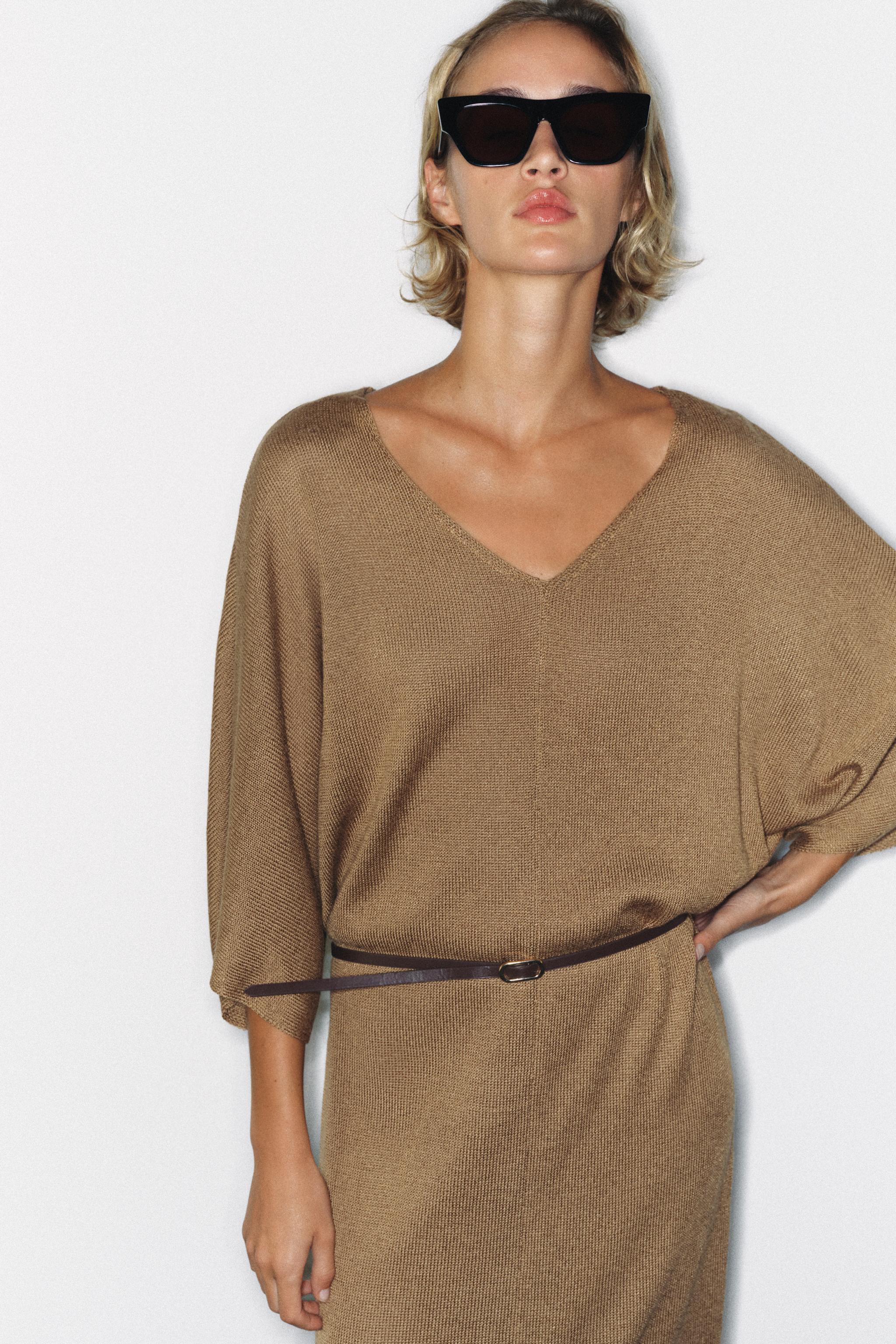 BELTED KNIT MIDI DRESS — Brown