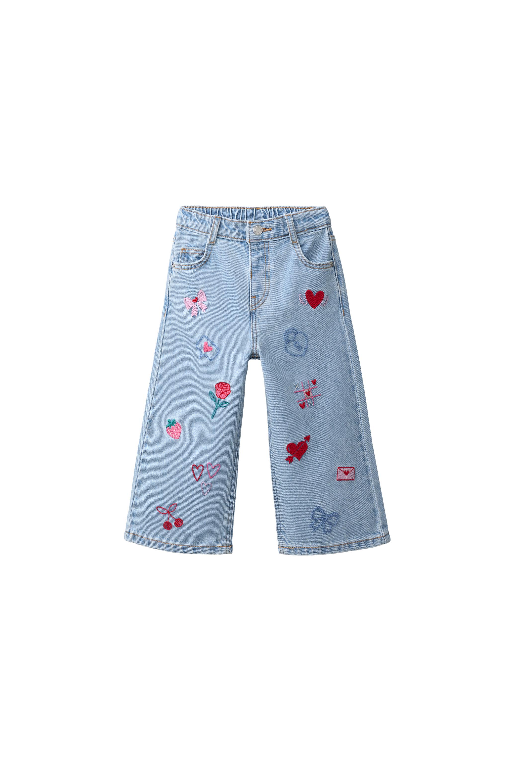 刺繍入りワイドレッグデニムパンツ - ブルー | ZARA Japan / 日本