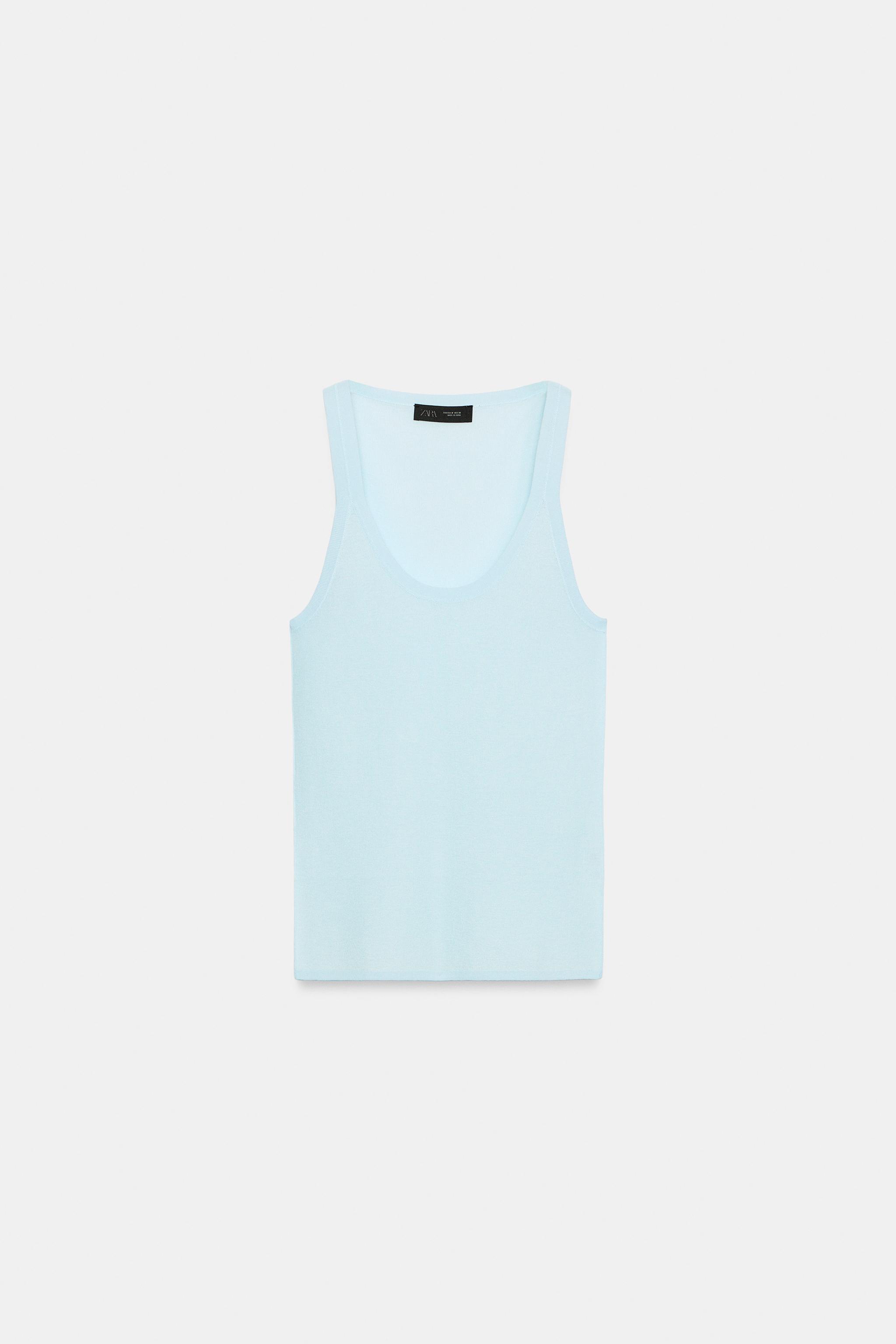 SLEEVELESS FINE KNIT TOP — Light blue