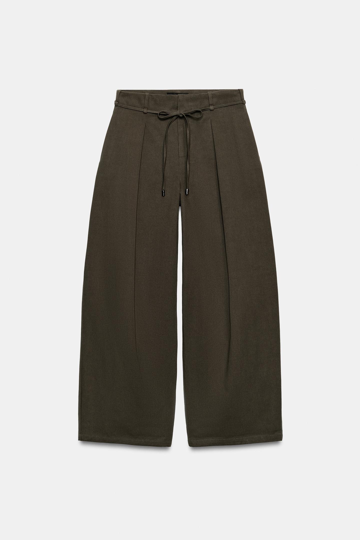 Женские брюки Zara Wide-Leg Pleated Belt, цвет: Коричневый / Серо-коричневый — фото 6