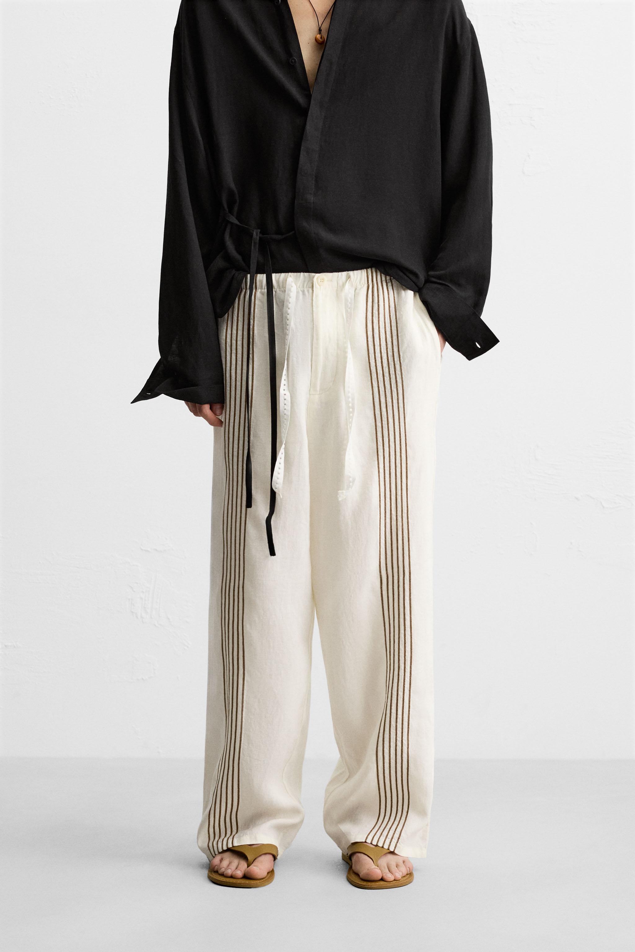 PANTALON 100 % LIN BRODÉ