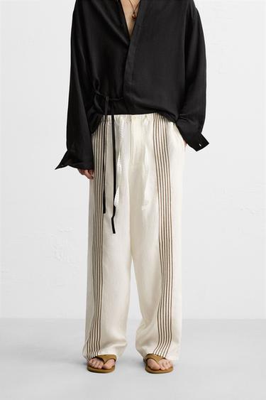 100% LINEN EMBROIDERED TROUSERS - Oyster-white by Zara