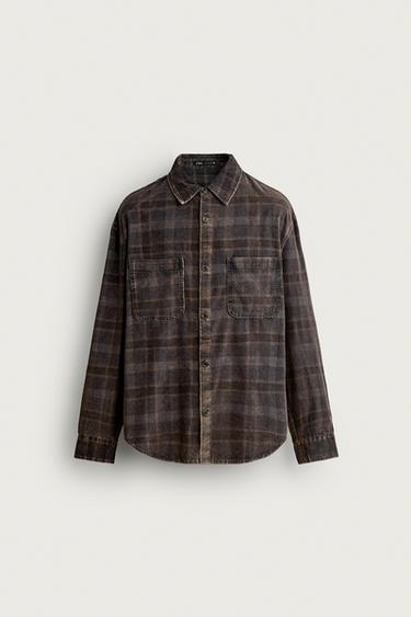WASHED PLAID CORDUROY SHIRT — Dark purple 1