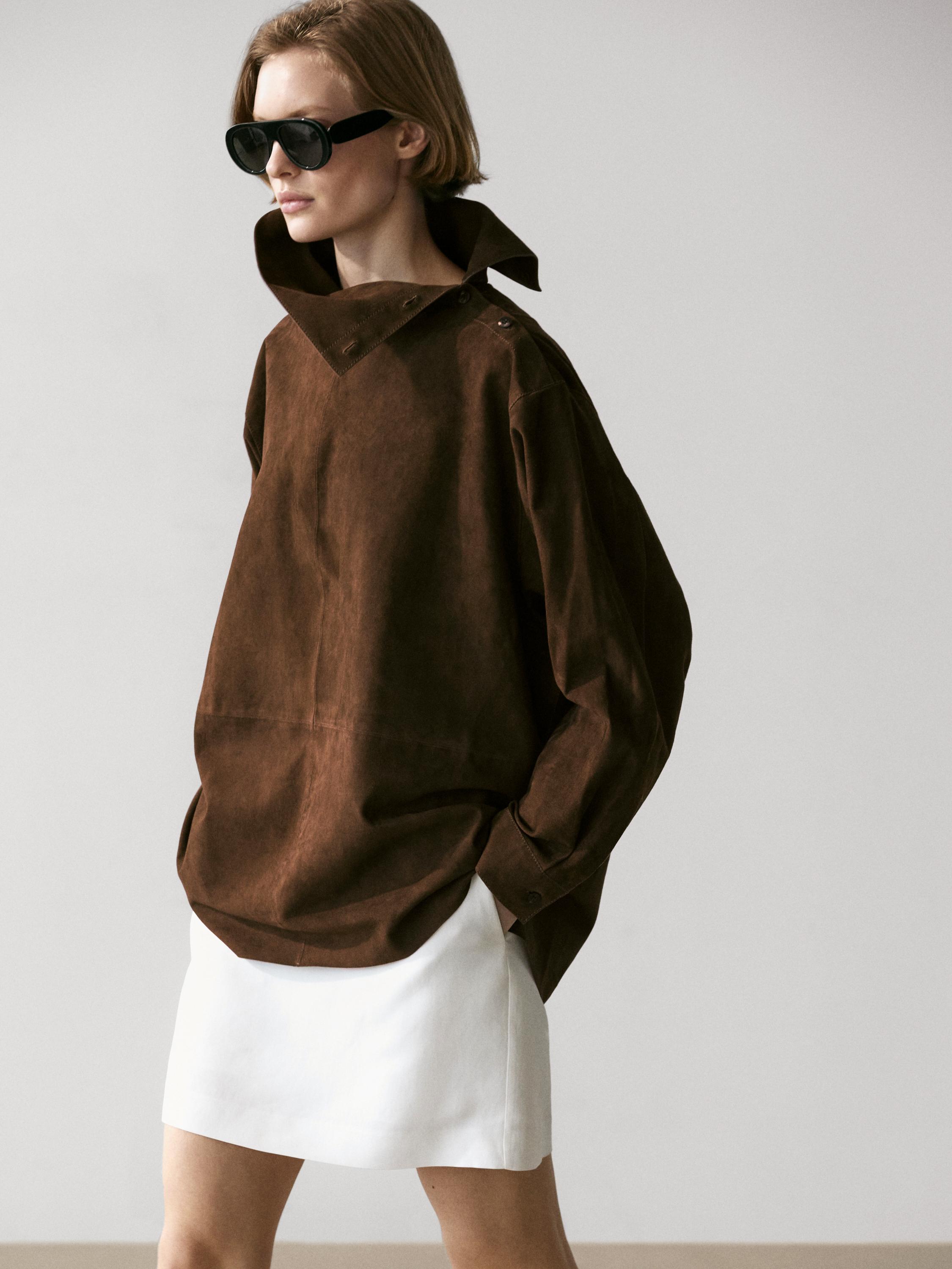 Suede leather oversize blouse with high neck